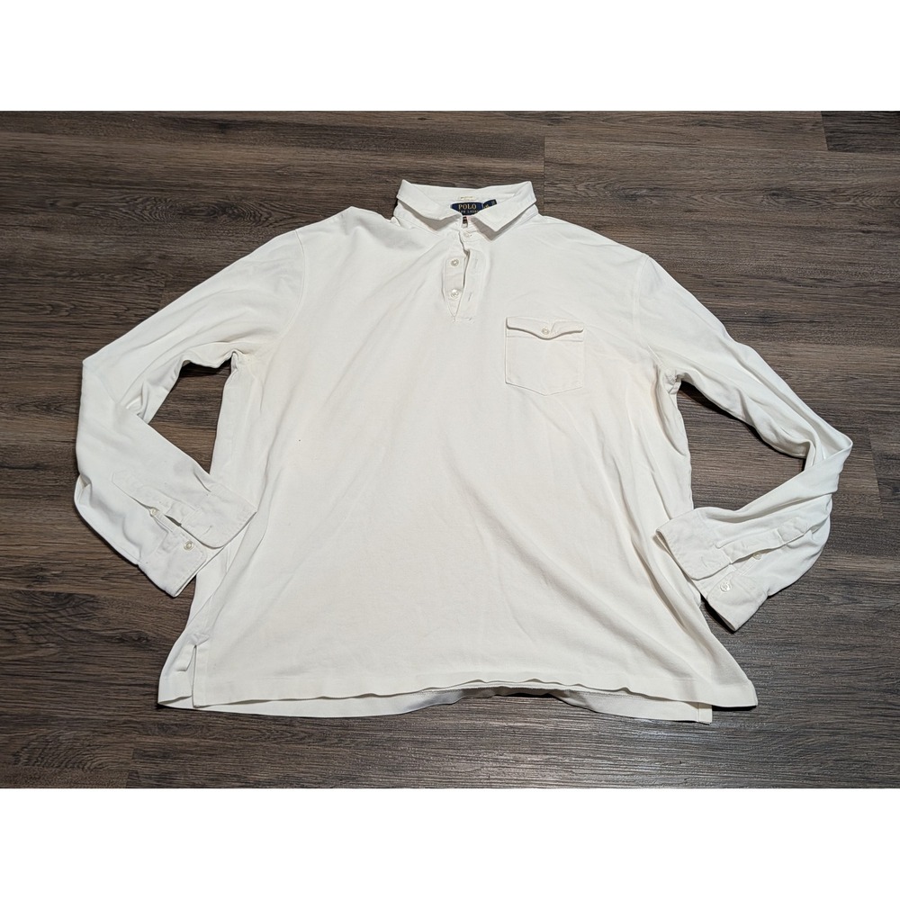 Polo Ralph Lauren Mens XXL White Pima Soft Touch Mesh Long Sleeve Pocket Polo